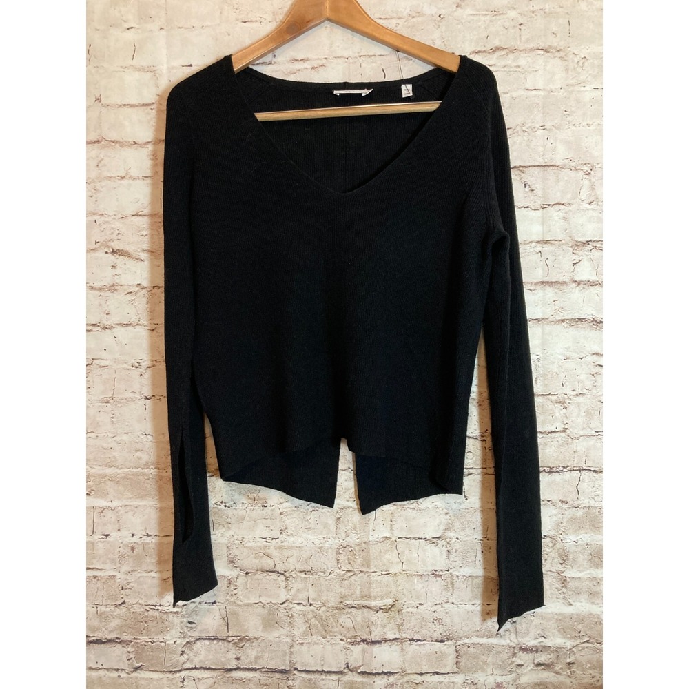 A.L.C. Black Merino Wool Ribbed V-Neck Sweater XS Side Slit Pullover ALC